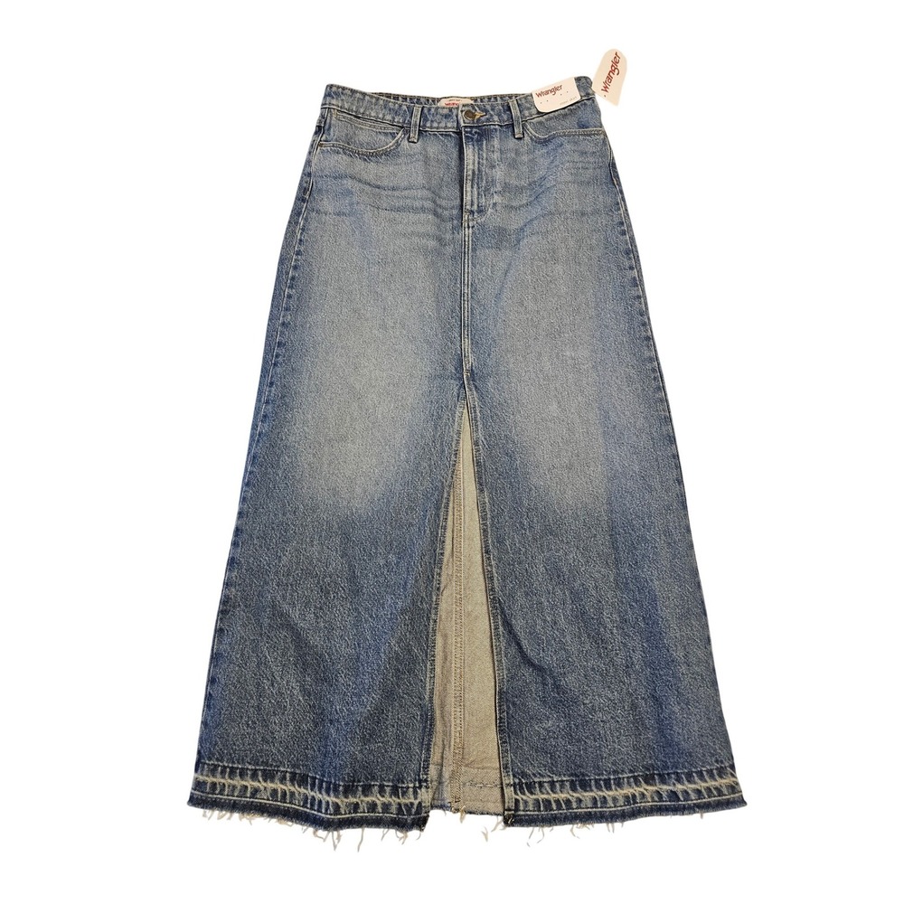 Wrangler Womens Denim Maxi Skirt Blue Raw Hem Size 8 NEW‎